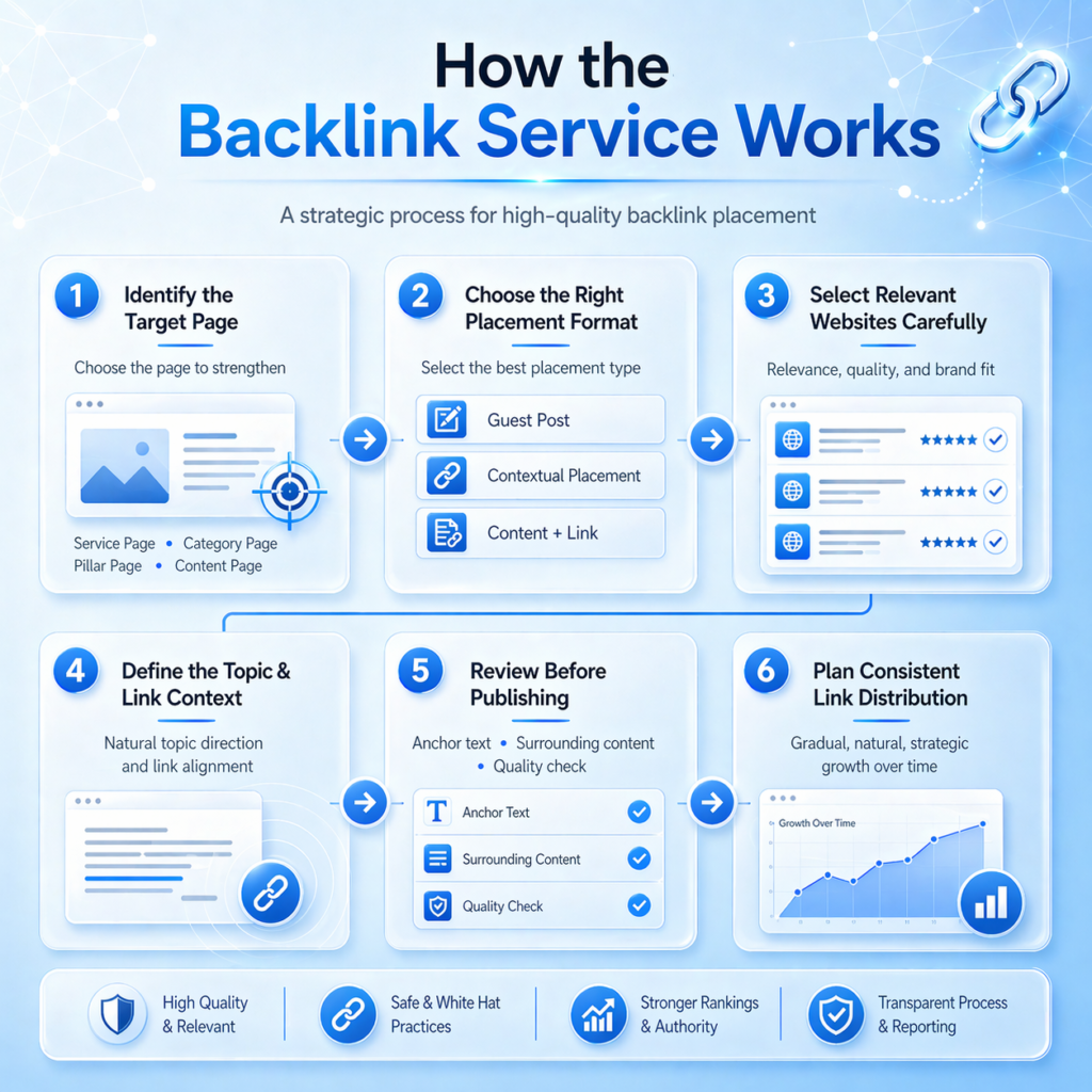 ขั้นตอนการทำ Backlink Service แบบมืออาชีพ 6 ขั้นตอน ในโทนสีฟ้าสดใสสไตล์ดิจิทัลโมเดิร์น